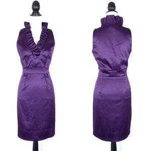 Taylor Purple Satin Sleeveless Ruffle Trim V-Neck Dress